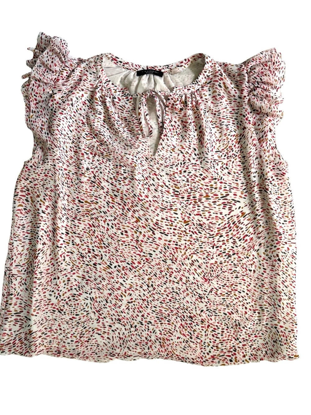 T Tahari Woman Flutter Sleeve Ditsy Print Blouse 2X Split Tie-Neck Office